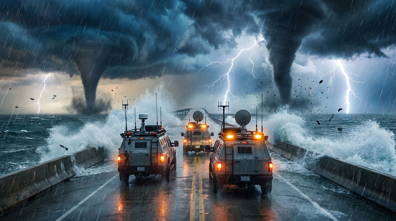 Armored vehicles on a flooded highway as violent tornadoes and lightning strike offshore during a dark, rainy storm.