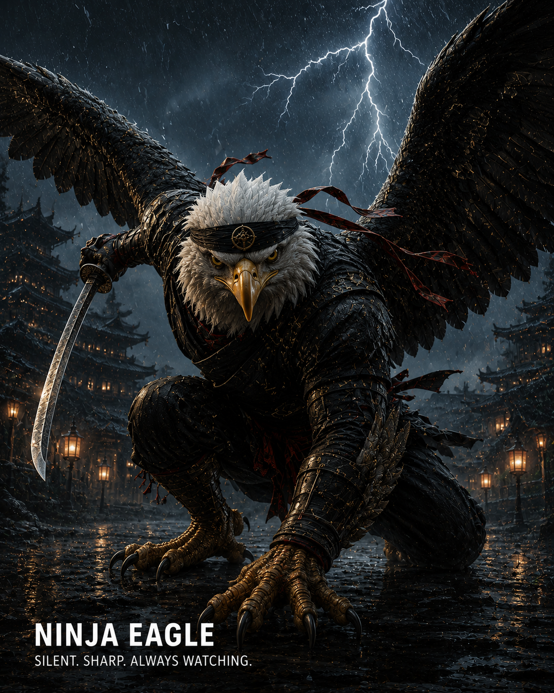 A fierce ninja eagle-warrior crouches with a curved sword under a stormy, lightning-filled night.