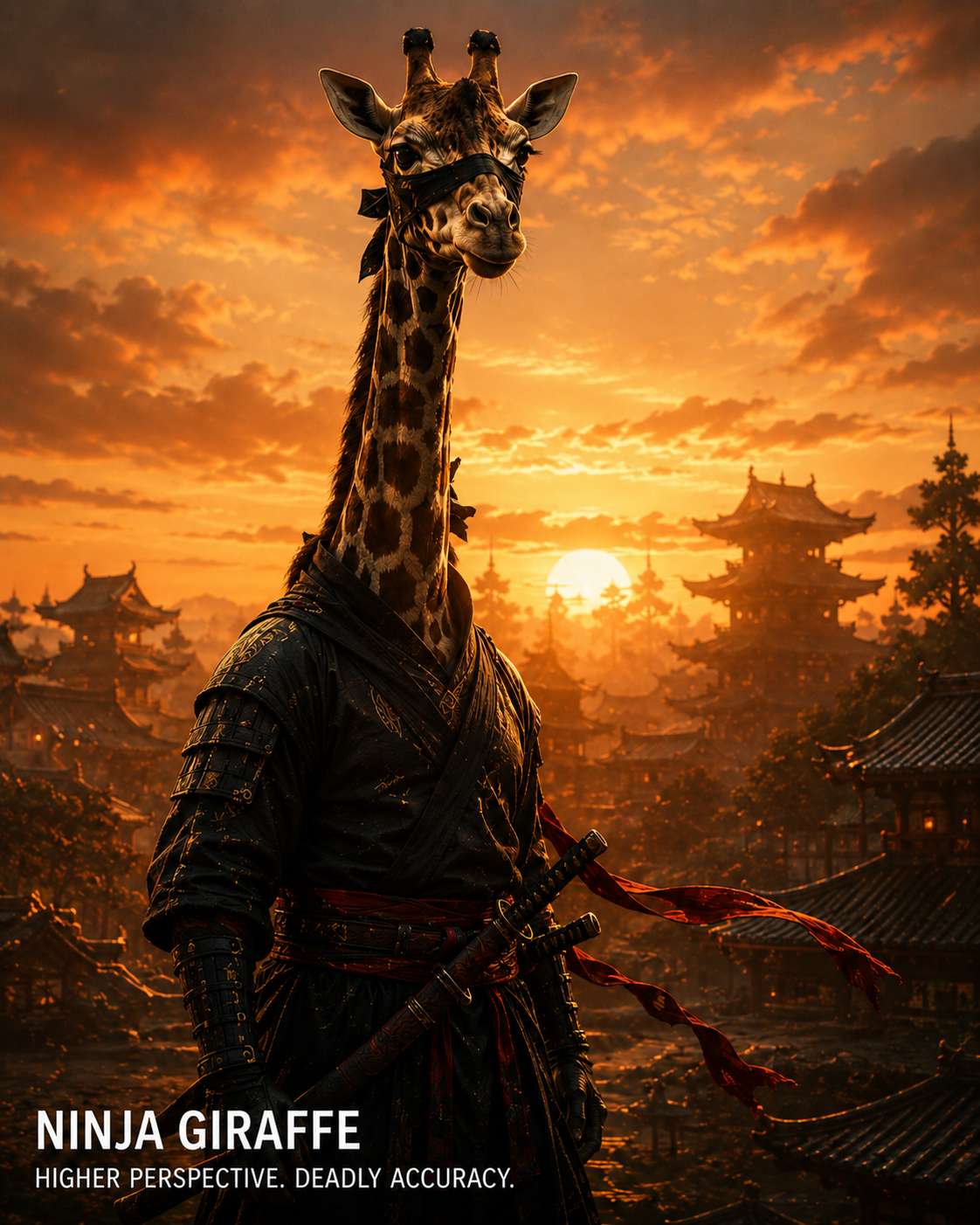Giraffe wearing ninja armor with a katana, set against a dramatic sunset over an Asian-inspired village.