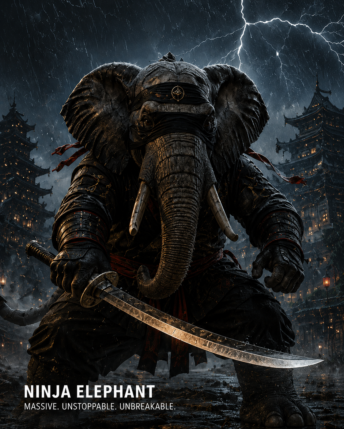 Dark armored ninja elephant wielding a curved sword in a stormy night with pagoda towers.