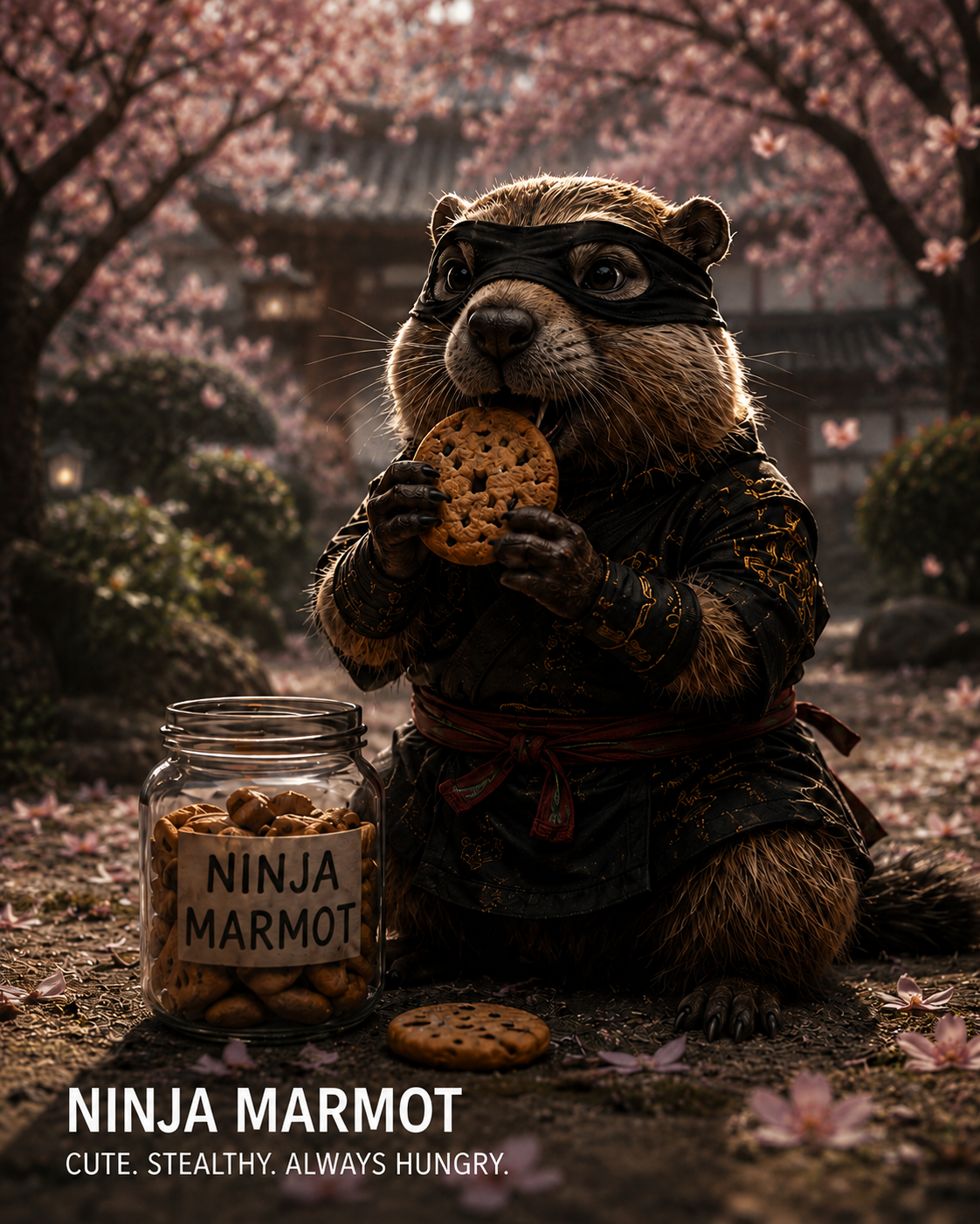 Ninja marmot in costume eats a cookie beside a jar of cookies amid cherry blossoms.