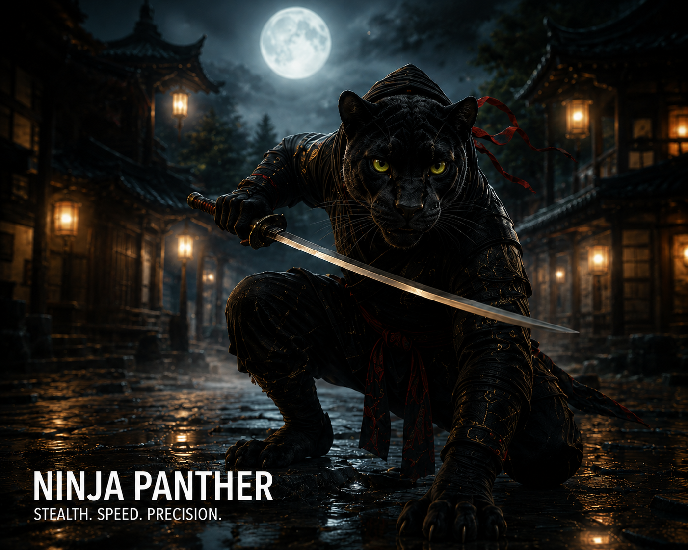 Black panther ninja crouched with sword in a moonlit alley, ready to strike.