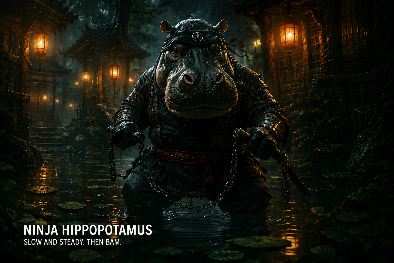 Ninja hippo in armor wading through a dark swamp with glowing lanterns.