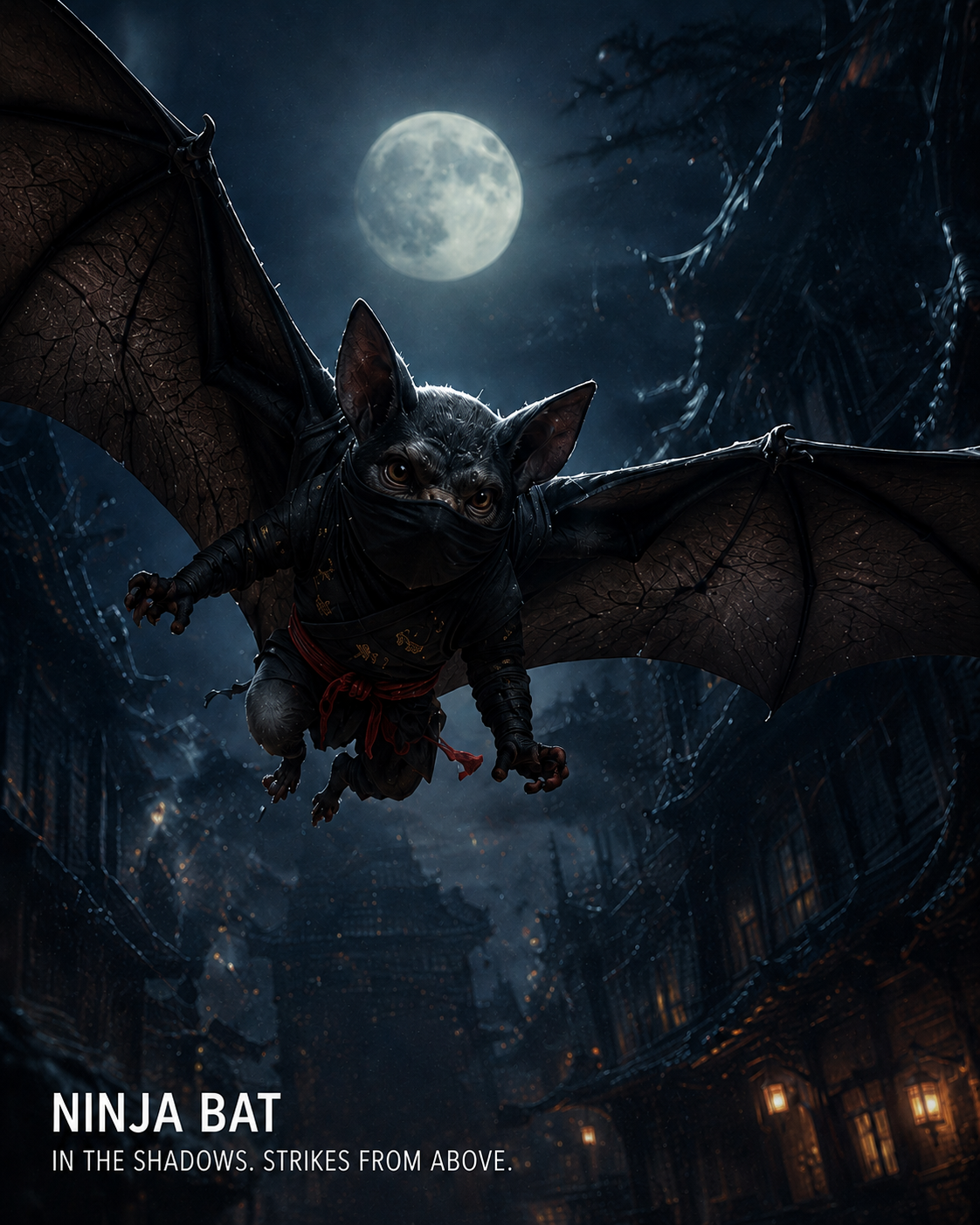 A menacing bat-like ninja with outstretched wings flies over a moonlit, dark city.