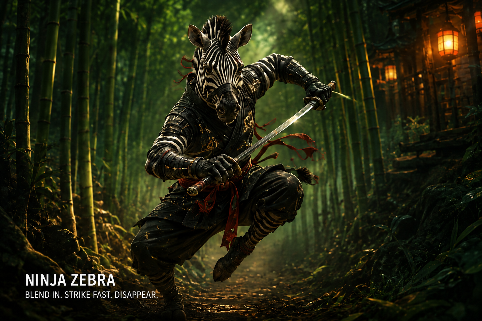 Zebra-headed ninja in black armor leaps with a katana through a bamboo forest at dusk.