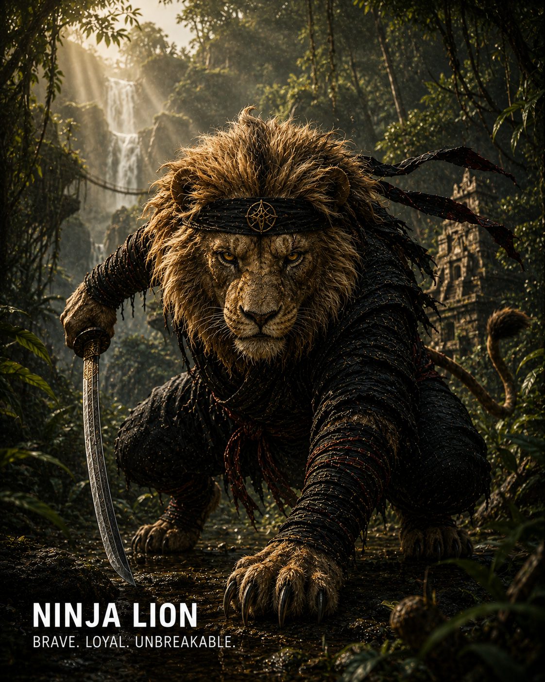 Fierce lion warrior with a curved sword in a dense jungle, sunbeams breaking through.