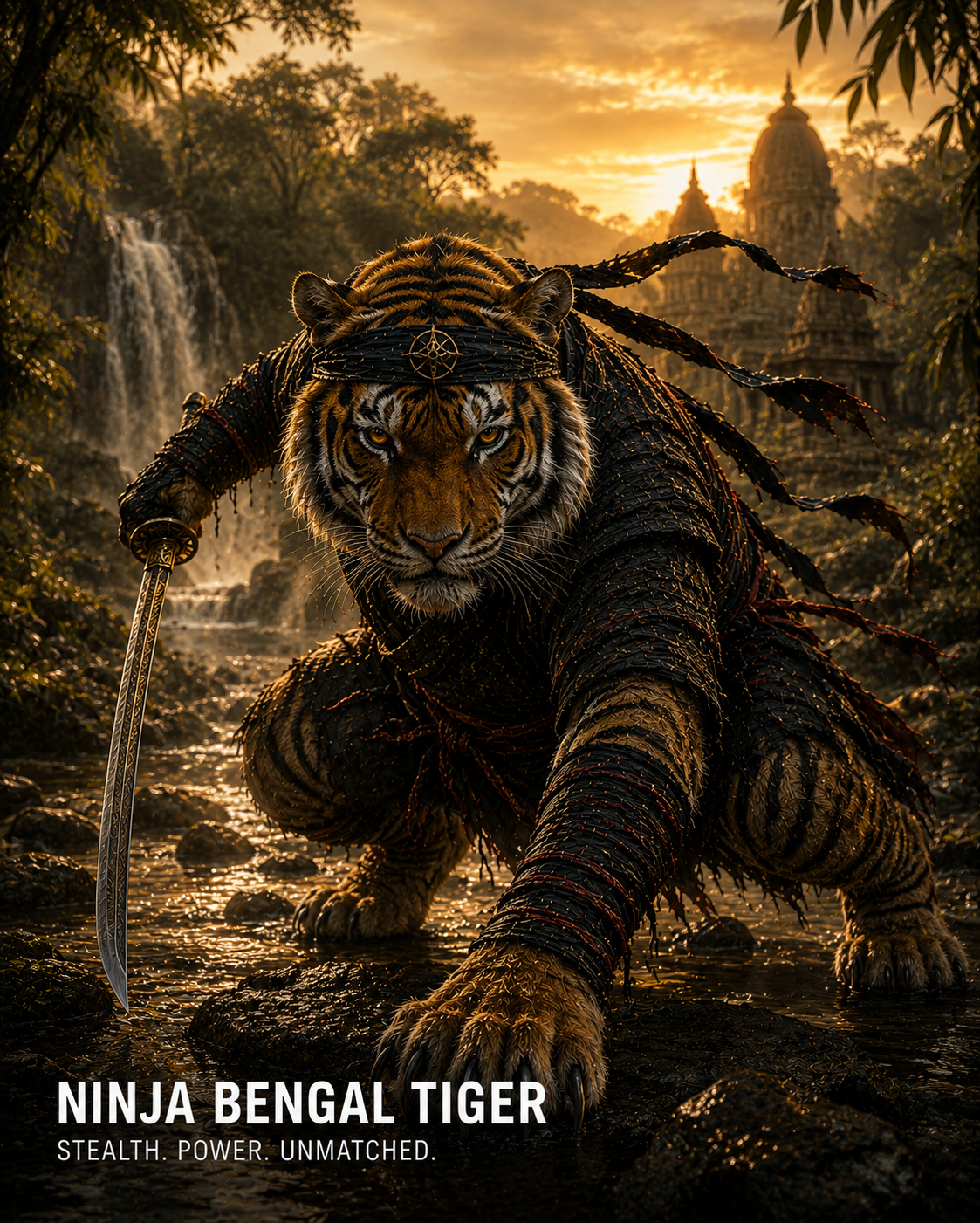 Bengal tiger in ninja armor brandishing a sword in a jungle at sunset.