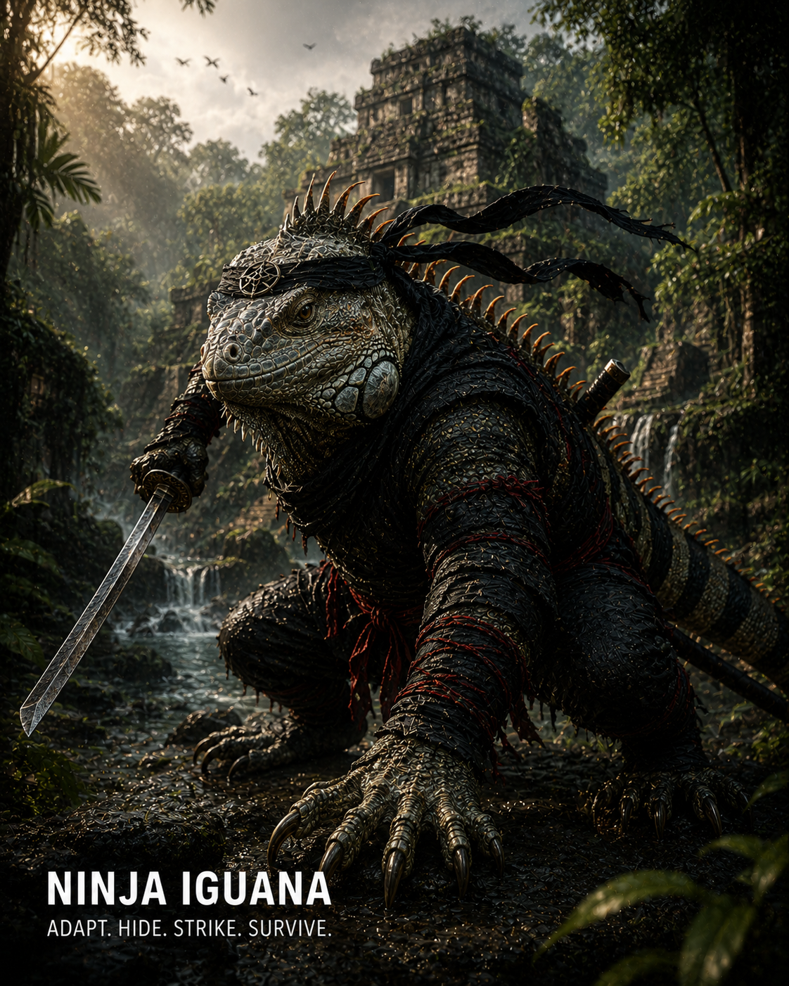 Armored iguana ninja wielding a sword in a jungle ruins setting