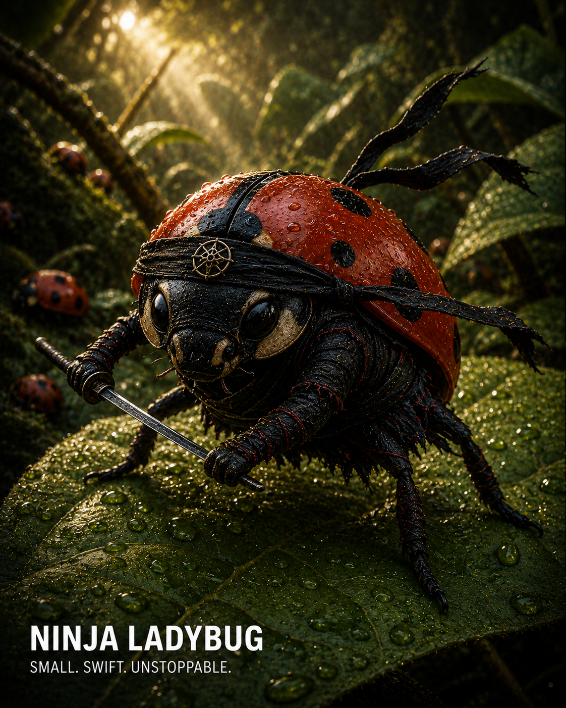 Ninja ladybug in armor with sword on a dew-covered leaf