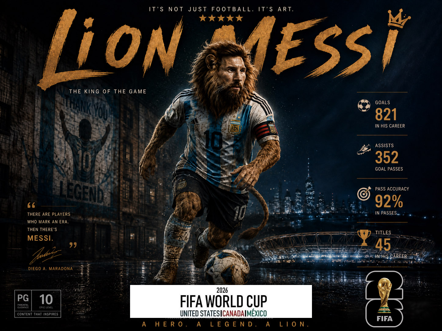 Lionel Messi in an Argentina jersey depicted as a dramatic FIFA World Cup poster with a heroic pose.