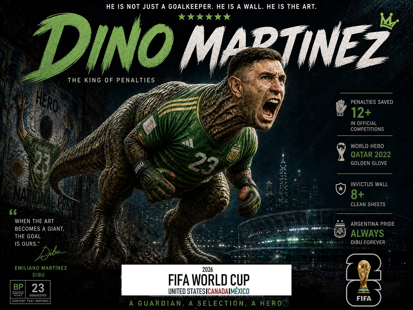 Dino Martinez as a dinosaur goalkeeper in a dramatic World Cup poster