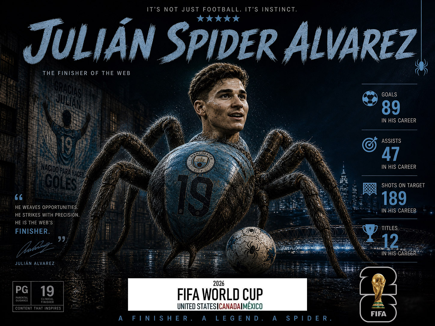 Poster art of Julián Spider Alvarez as a spider-themed football star with a ball and city backdrop.