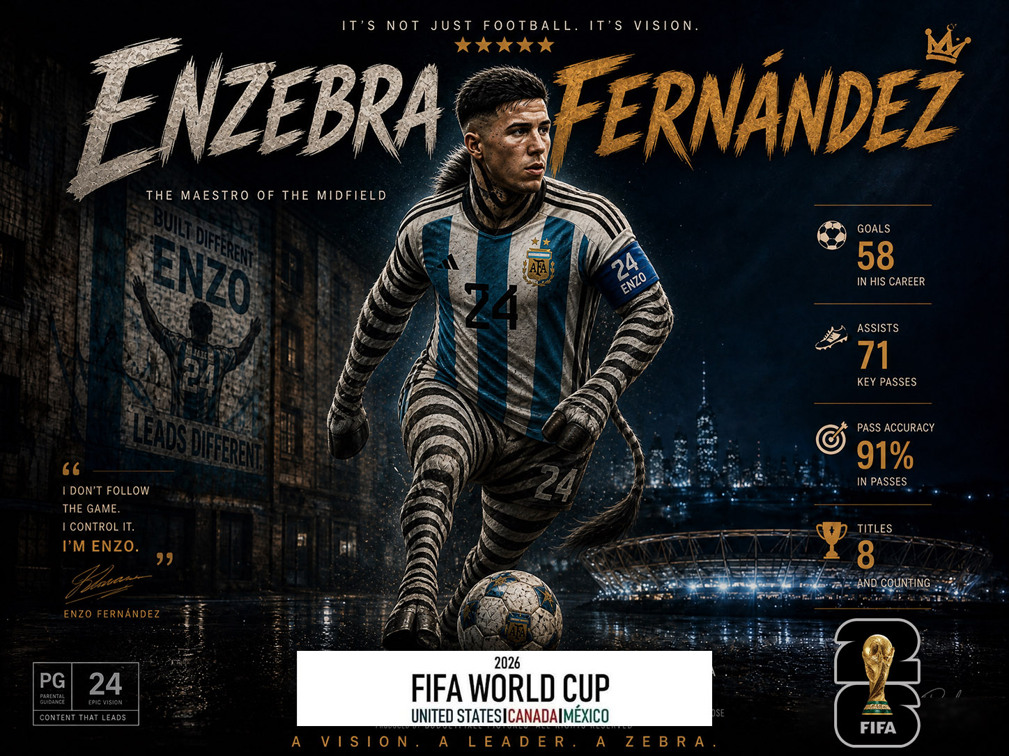 Argentinian footballer in blue-white kit dribbling a ball with a futuristic stadium backdrop.