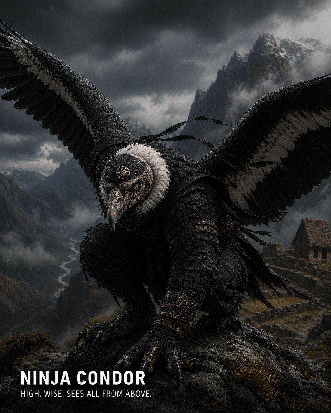 Dark colossal condor ninja perched on a rocky ledge with stormy mountains in the background.