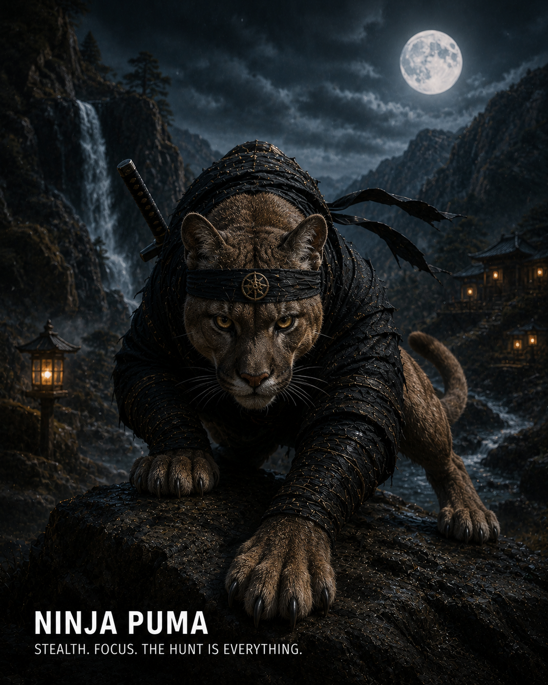 A fierce puma in a black ninja outfit crouches on rocks under a full moon, ready to pounce in a dark, mountainous night sc...