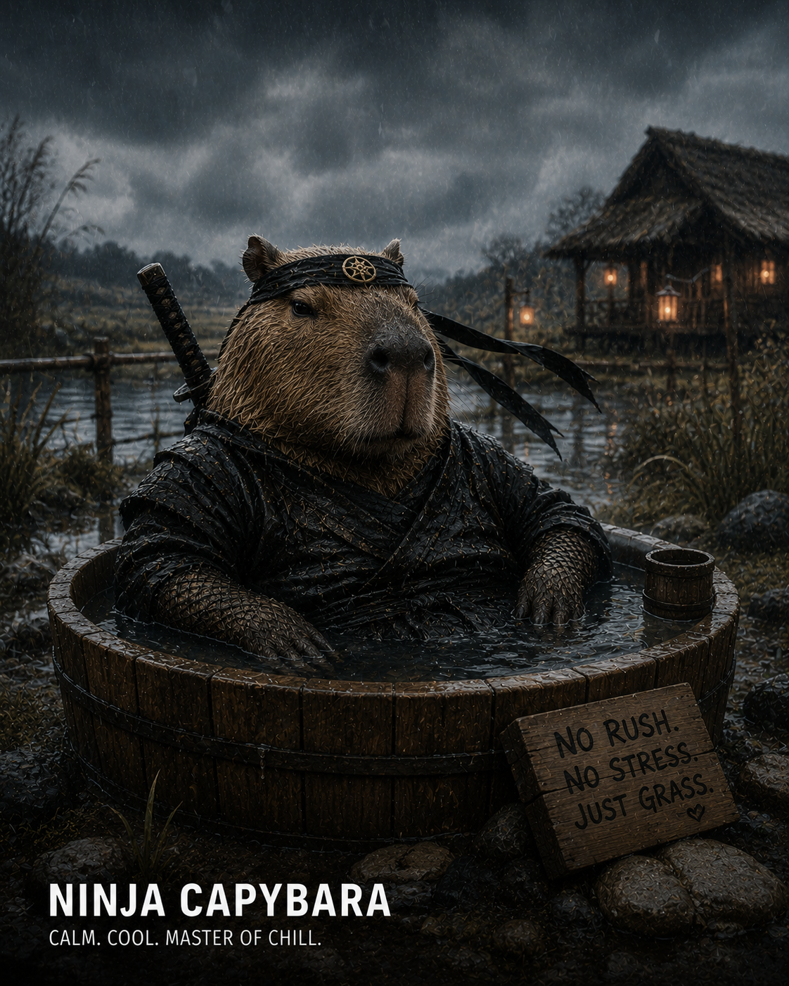 Capybara in a wooden tub wearing a ninja headband in the rain with a rustic cabin backdrop
