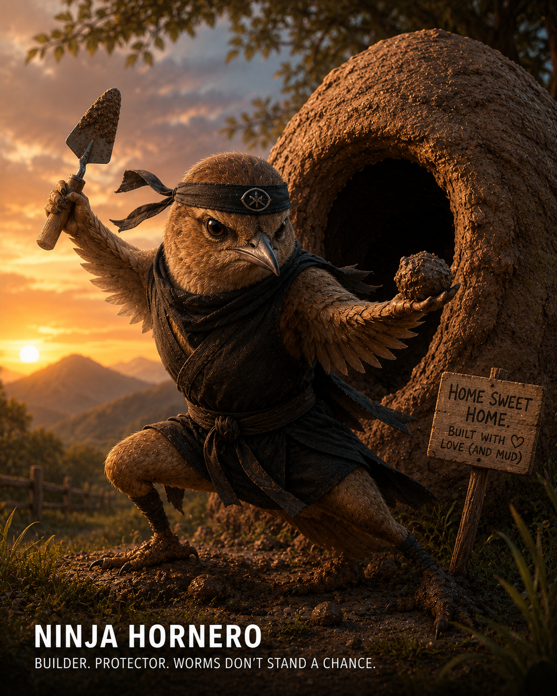 Anthropomorphic hornero ninja with a shovel stands beside a mud nest at sunset.