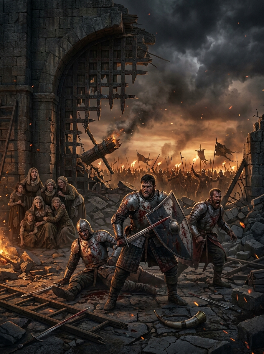 Medieval knights in armor clash near a ruined gate amid fire and chaos.