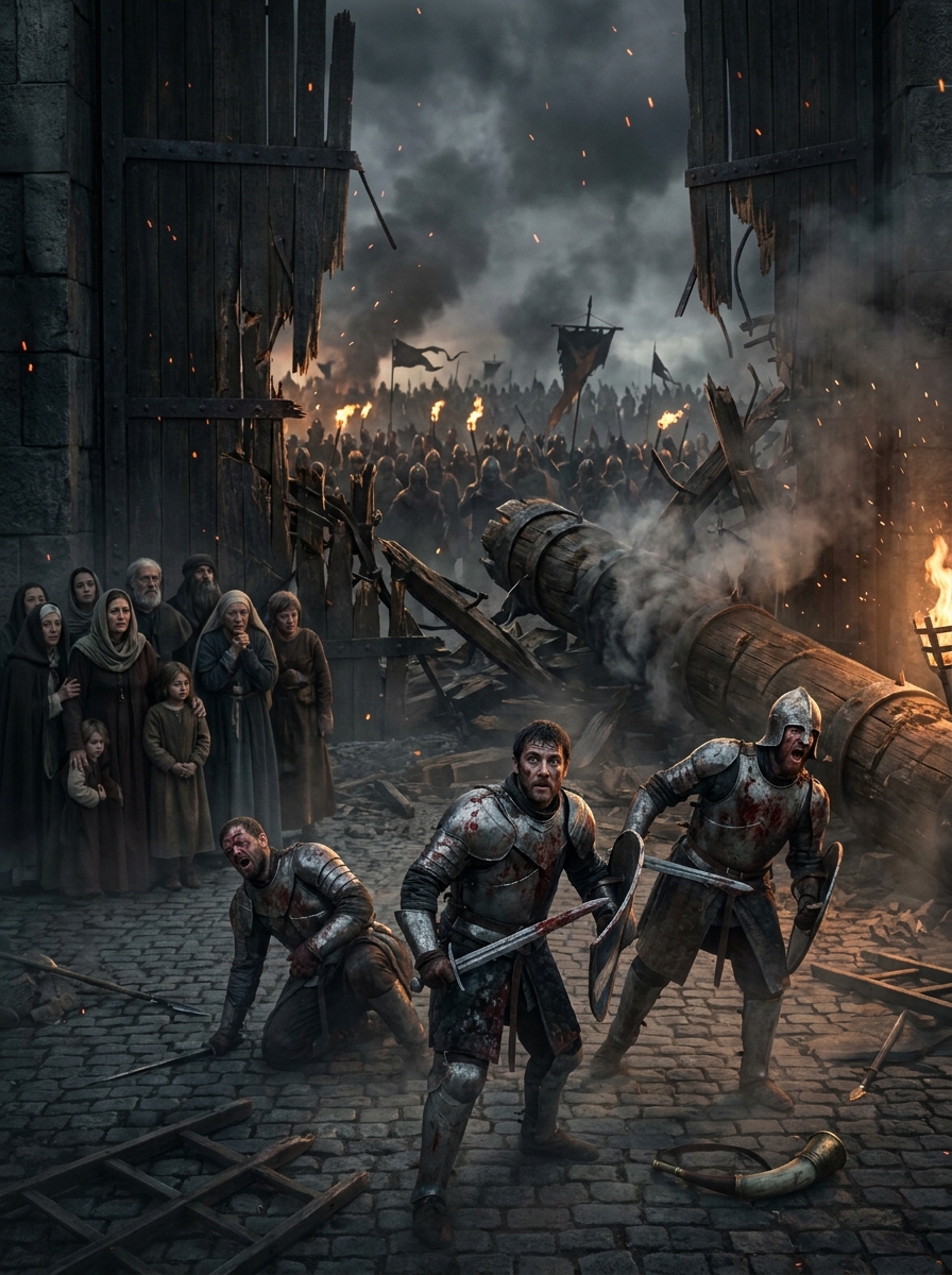 Medieval siege scene with armored knights, torches, and a burning gate during a chaotic battle.