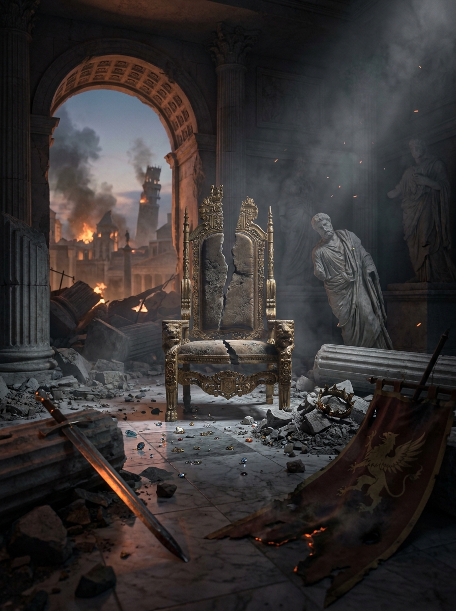 Gold ornate throne in a ruined hall with fire, smoke, statues, debris, and a tattered banner.