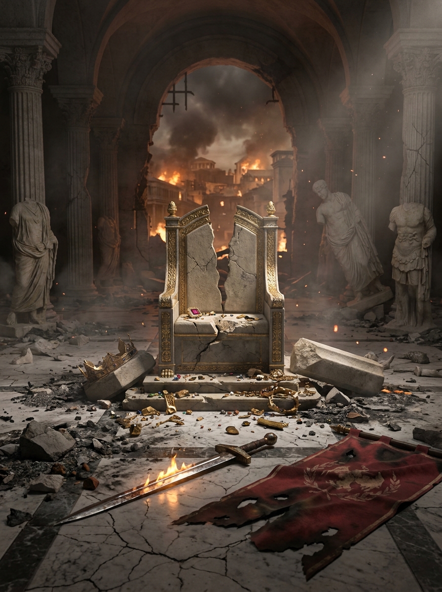Cracked ornate throne in a ruined temple with fire and rubble in the background