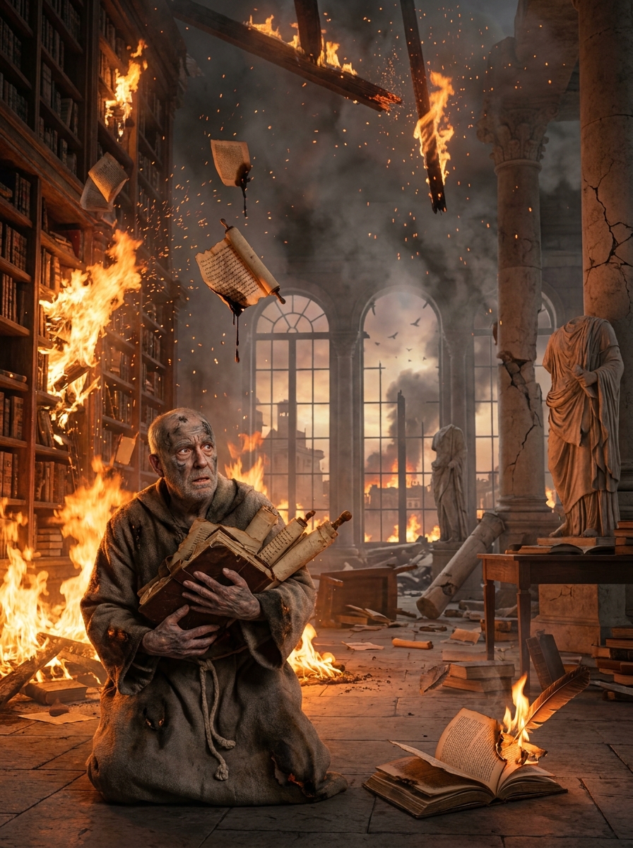 Elderly monk kneels amid a burning, ruined library with flying pages and collapsing shelves.