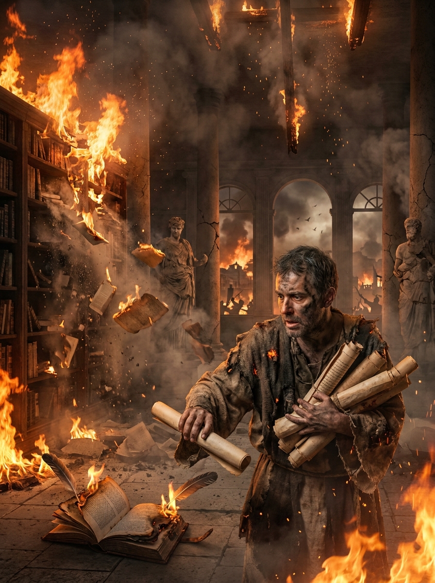 Man in a burning library clutches scrolls amid roaring flames and floating pages.