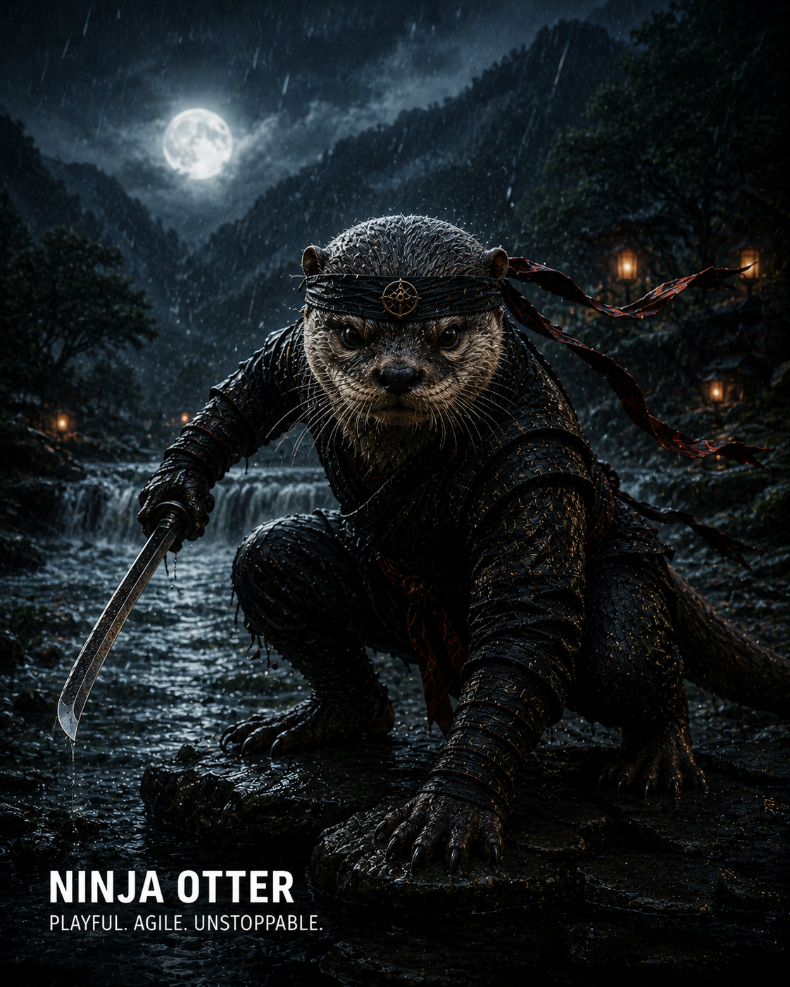 Otter in ninja armor wielding a curved sword under a moonlit night in a dark, rainy forest.