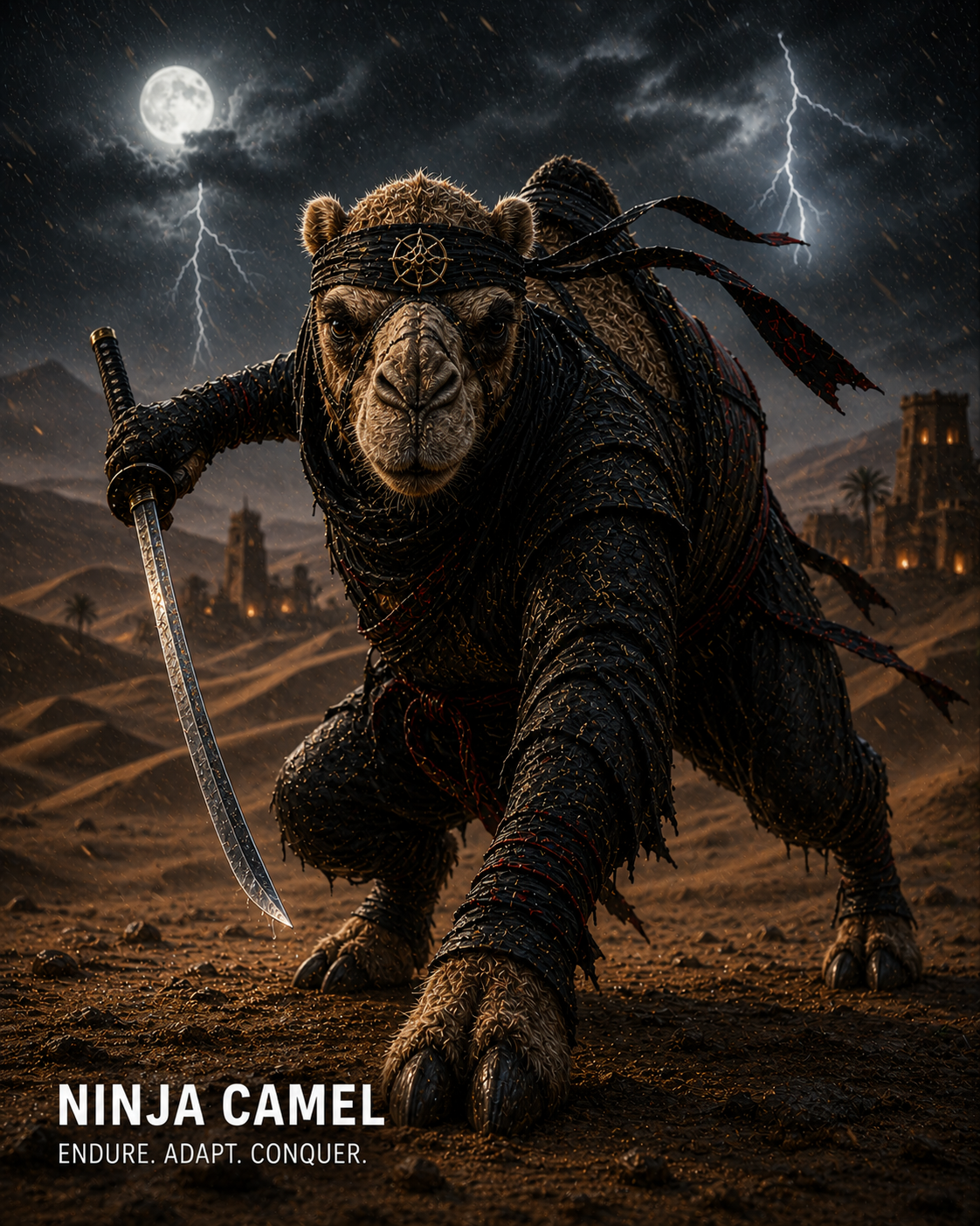 Armored ninja camel in a desert at night, wielding a curved sword under a moonlit sky.