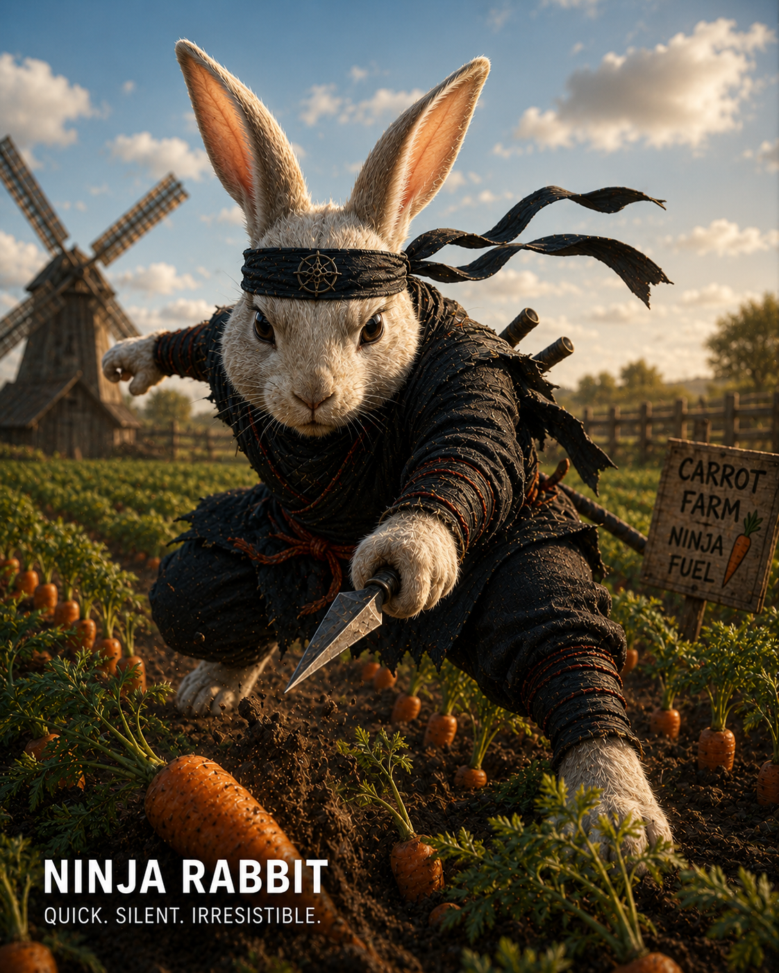 Ninja rabbit in a black outfit with headband lunges with a dagger through a carrot field at sunset.