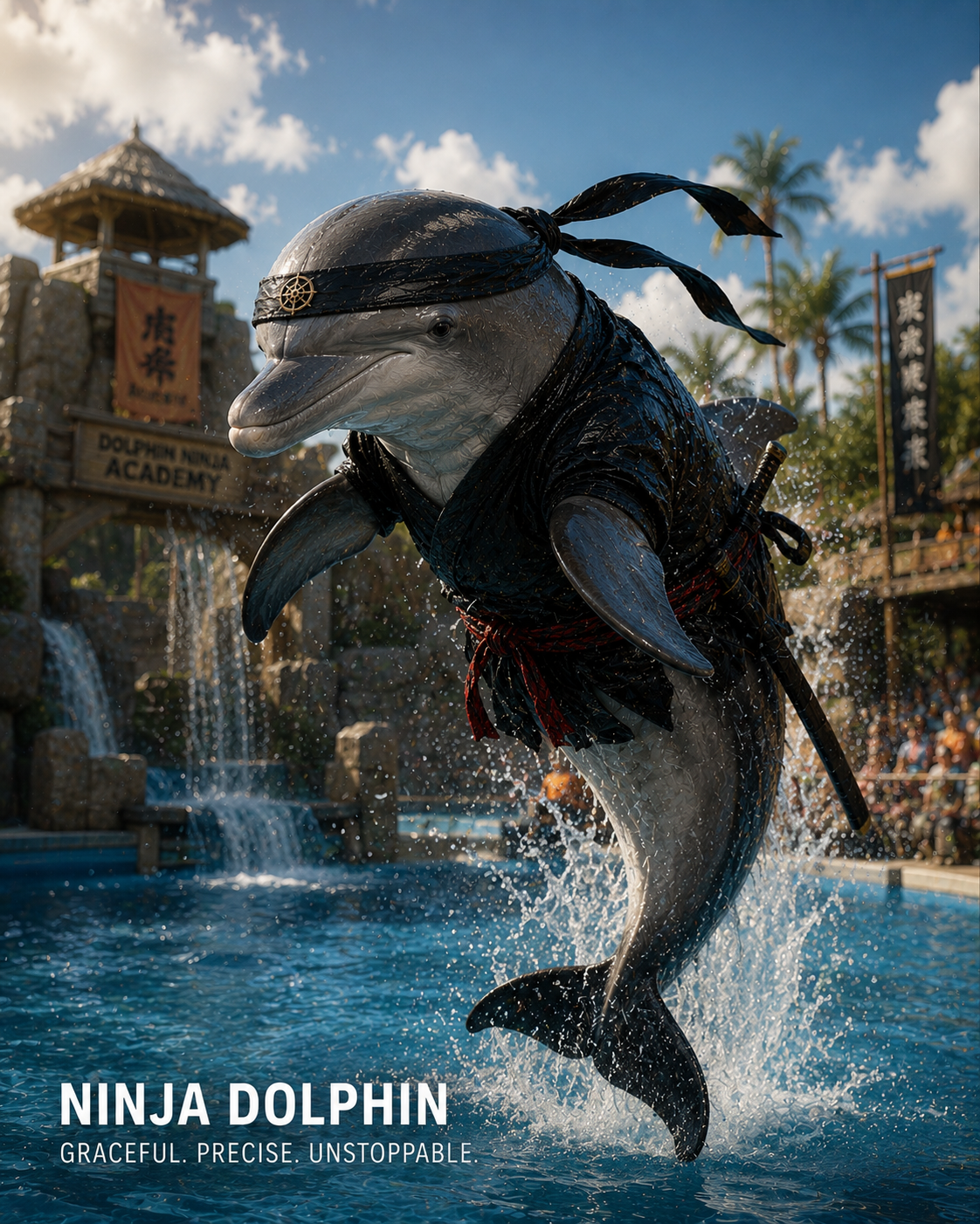Dolphin in ninja attire performing a splash act at a water show