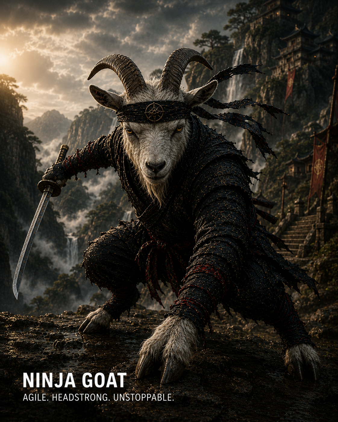 Mythic goat ninja in dark armor wielding a curved sword on a rugged mountainside.