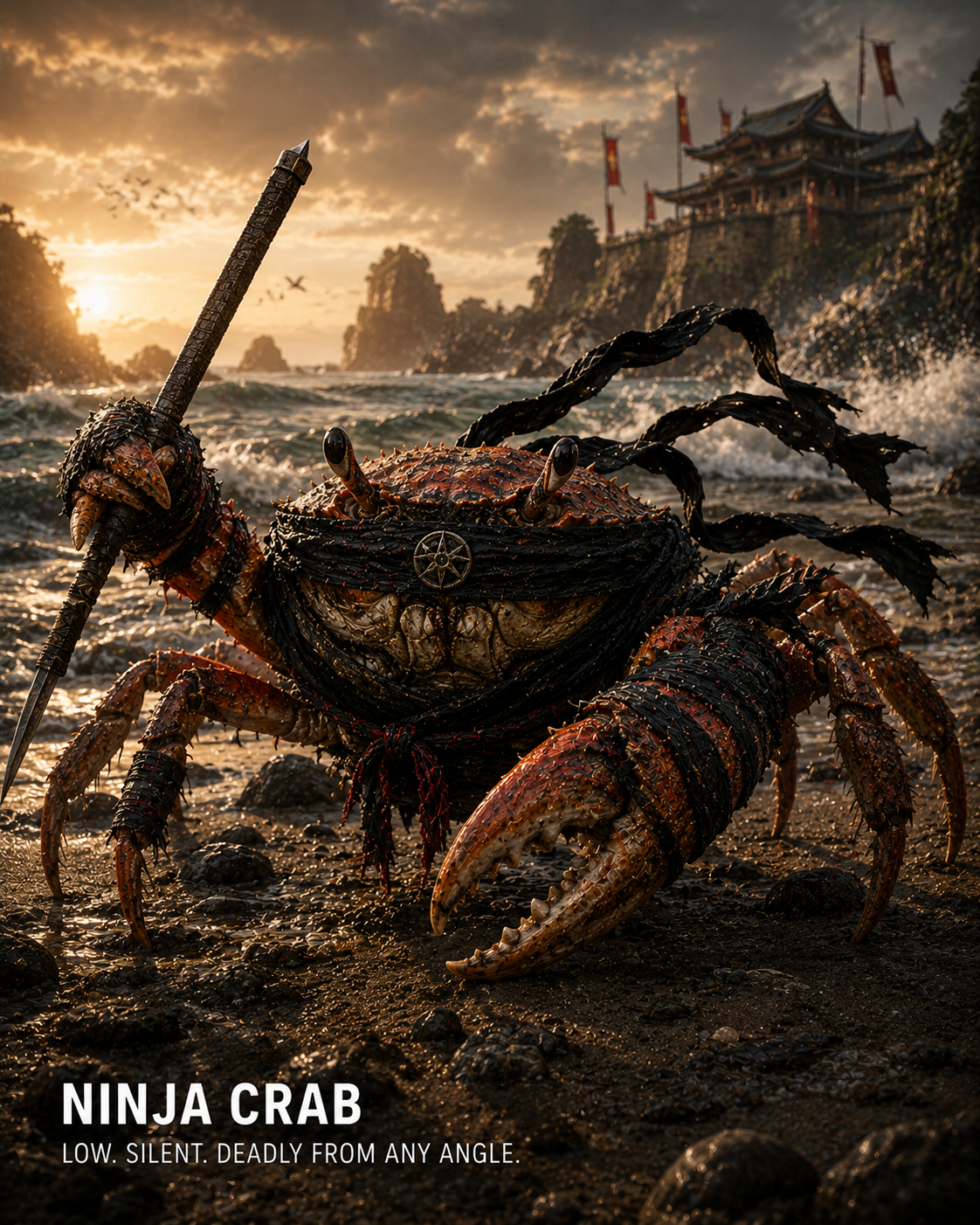 Fantasy ninja crab on a rocky beach at sunset, armored with a weapon and dramatic claws.