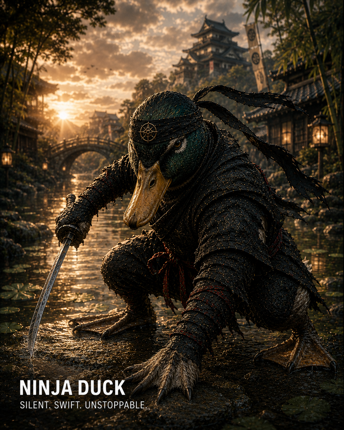 Armored duck ninja with sword in a sunset-lit, Asian-inspired town.