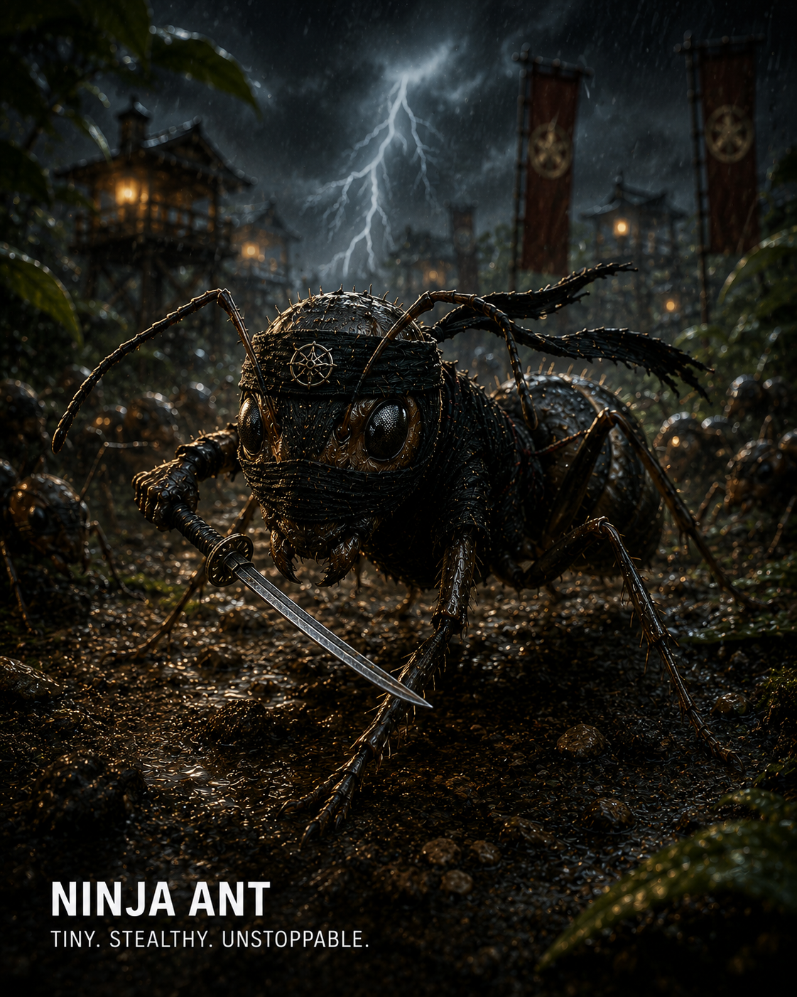 Dark, battle-ready ninja ant wielding a tiny sword under stormy night skies.