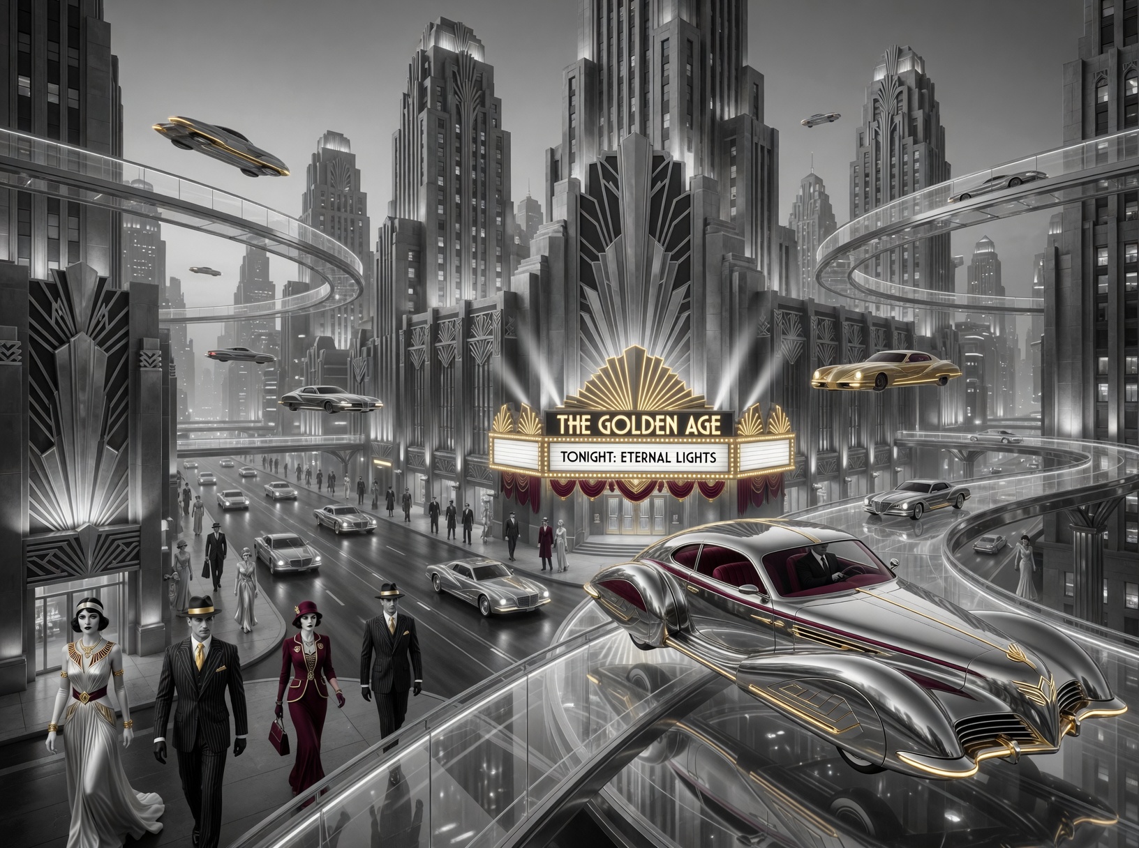 Futuristic Art Deco cityscape with elevated glass roads, gold accents, and a marquee reading “The Golden Age.”