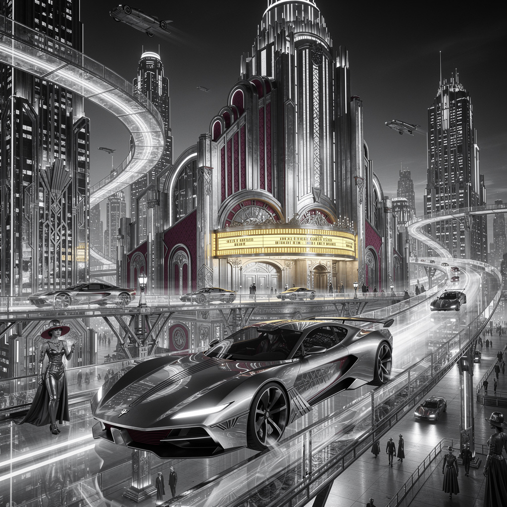 Futuristic silver sports car on elevated glass roadway in a neon-lit art deco cityscape.