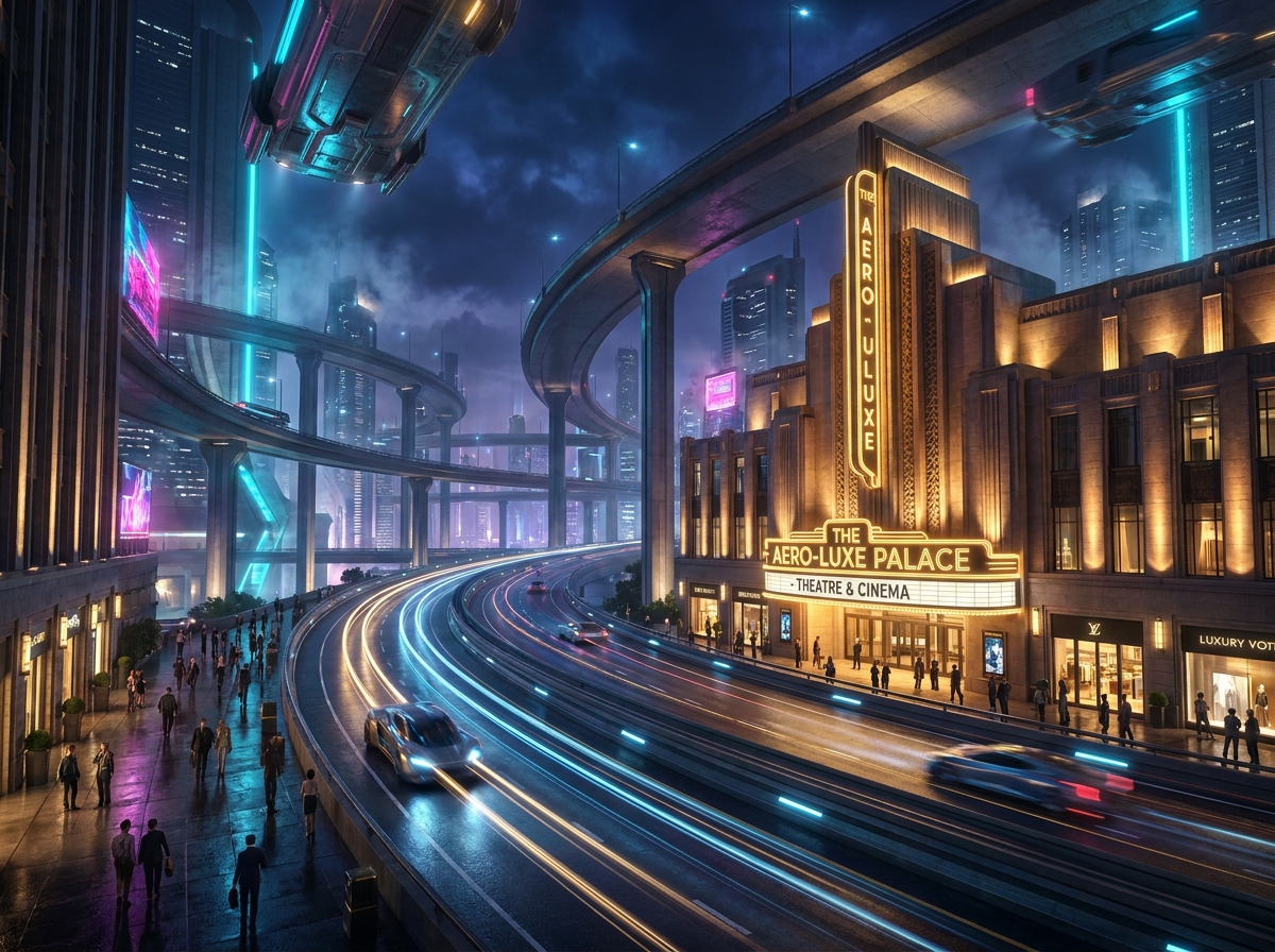 Futuristic neon cityscape with elevated highways and a glowing cinema marquee.