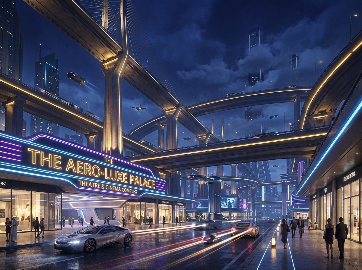 Futuristic cityscape with neon-lit cinema complex and elevated highways, night scene.