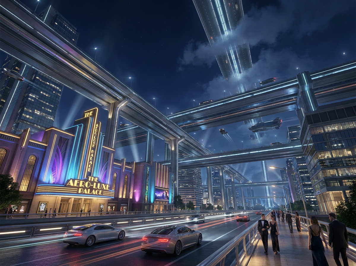 Futuristic cityscape with elevated highways, neon-lit palace, and night traffic.