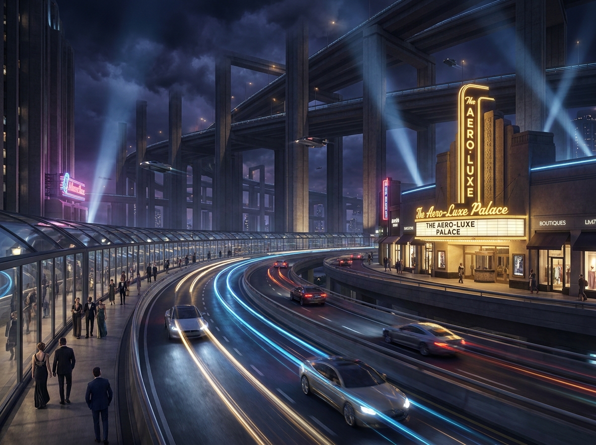 Futuristic neon-lit city highway at night with elevated tracks, glass pedestrian bridge, and a marquee theater.