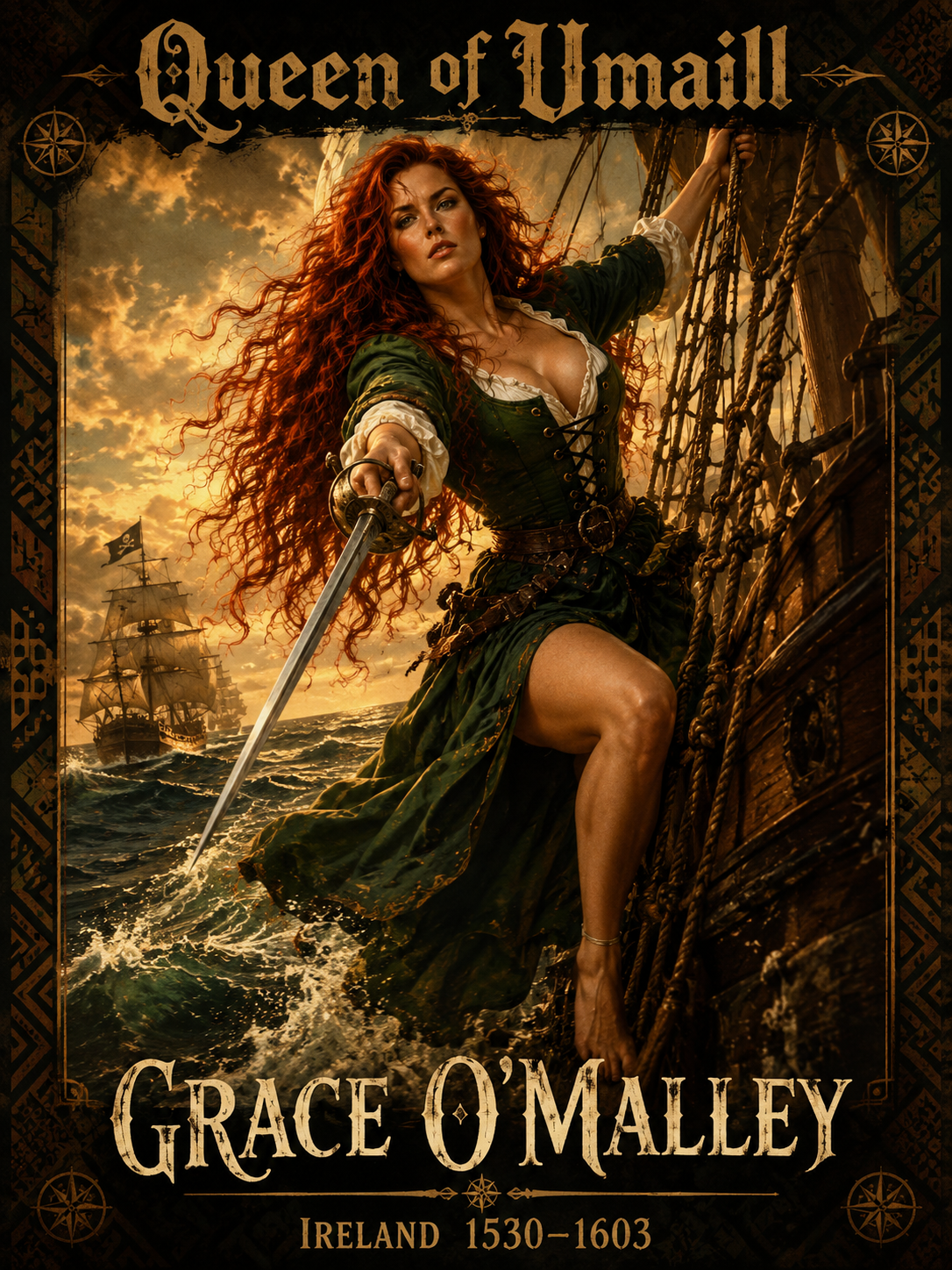 Vintage-style poster of Grace O’Malley, Queen of Umaill, the Irish pirate warrior, posing on a sailing ship’s rigging ...