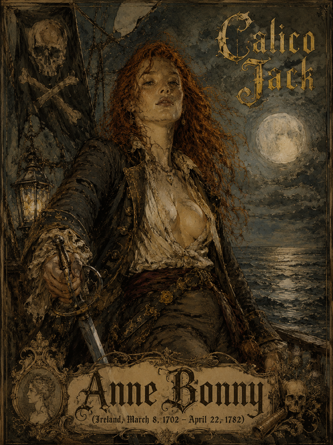 "Vintage illustrated pirate poster of famous female pirate Anne Bonny, featuring a Jolly Roger, moonlit ocean, and period ...