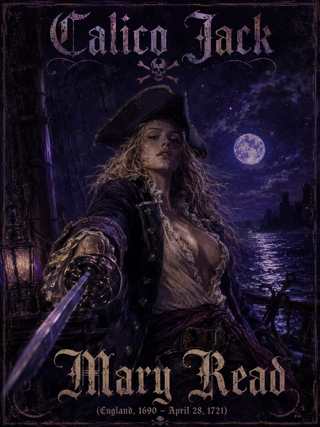 "Gothic vintage pirate poster of historical female pirate Mary Read