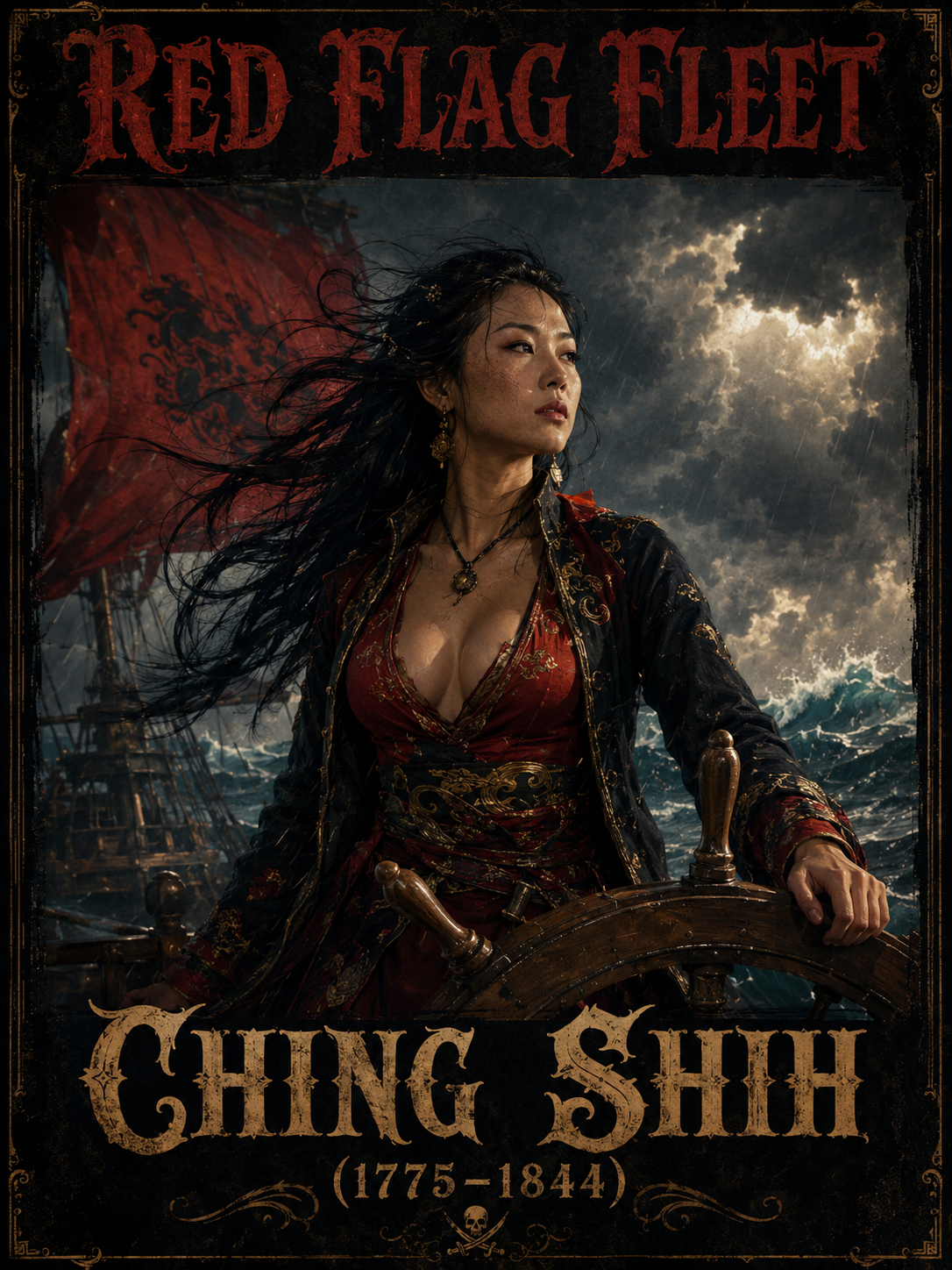 "Vintage pirate poster of historical Chinese pirate queen Ching Shih steering a ship’s wheel, with Red Flag Fleet text a...