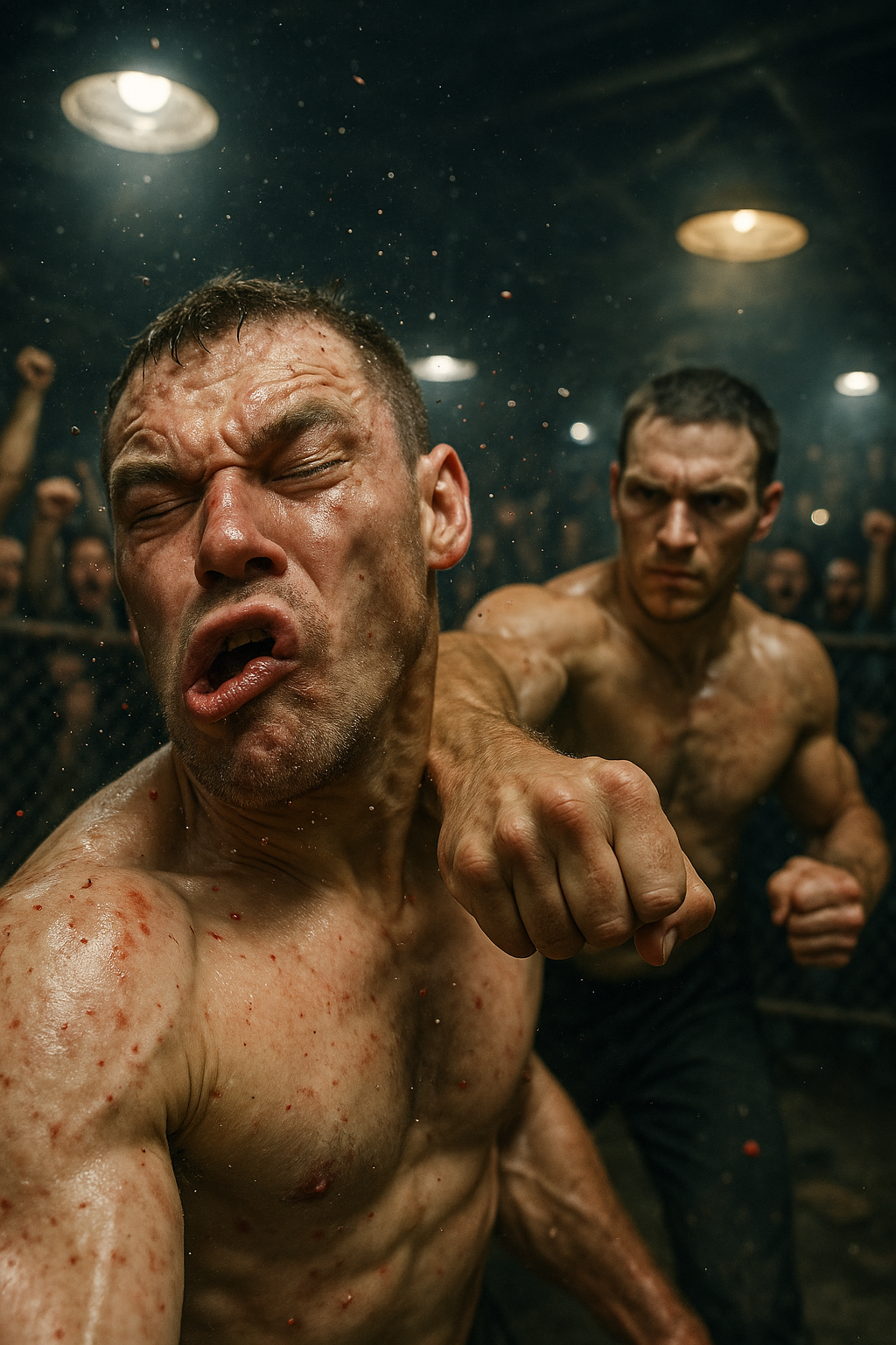 Two shirtless cage fighters mid-bout: one lands a hard punch on his opponent in an underground fight pit, with a cheering ...