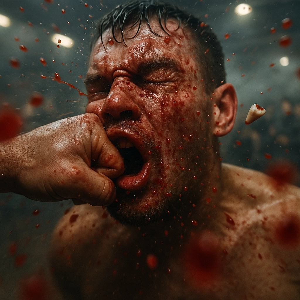 Bloody male combat sports fighter takes a punch to the jaw mid-fight, his tooth flying out as blood splatters in a dim ind...