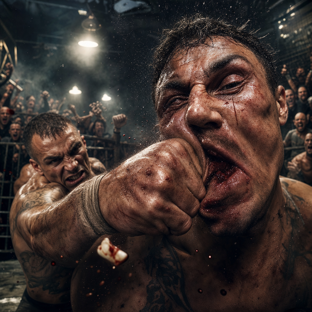 Intense underground caged bare-knuckle fight: a tattooed fighter lands a brutal punch, knocking an opponent’s tooth out ...