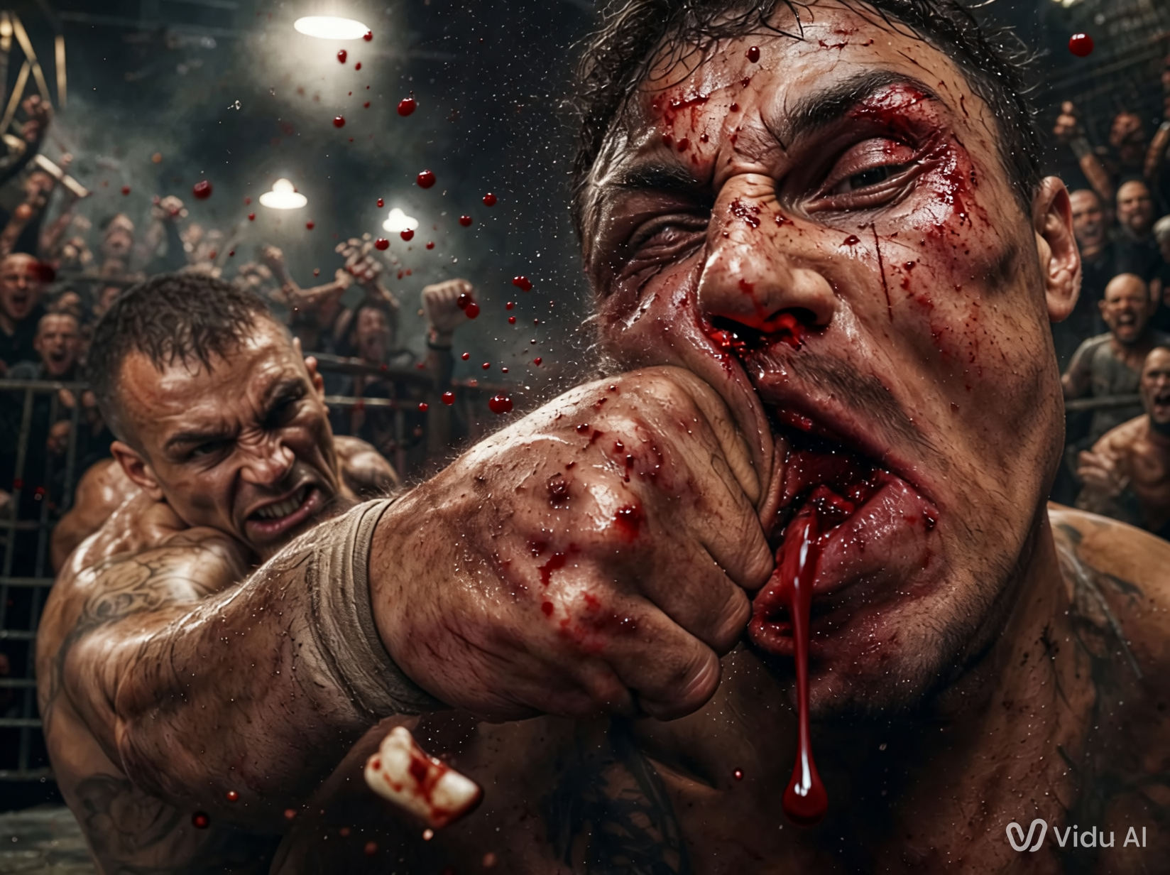 Brutal underground cage fight moment: a fighter lands a punch that dislodges an opponent’s tooth, blood flying as specta...