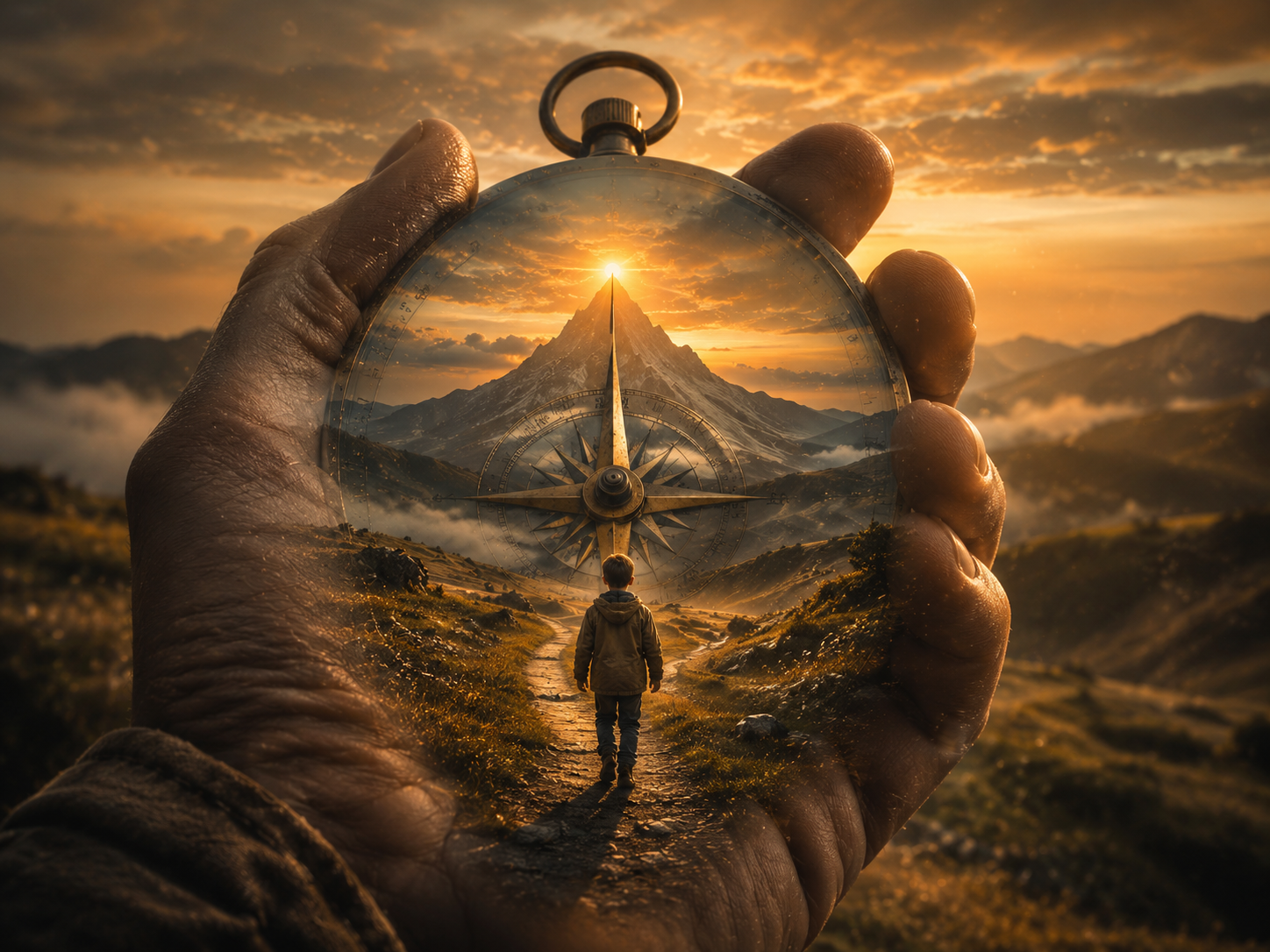 A hand holds a transparent vintage compass whose glass displays a double-exposure scene of a boy hiking toward a sunlit mo...